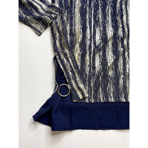 JM‎ Collection Blouse Top Medium Blue Gold Women's Metallic Sparkle NEW - Picture 4 of 8